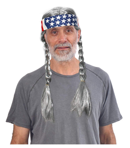 Costume Adventure Gray Braided Hippie Wig for Men Grey 60s Hippie Dude Wig With Hippy American Flag Headband - One Size