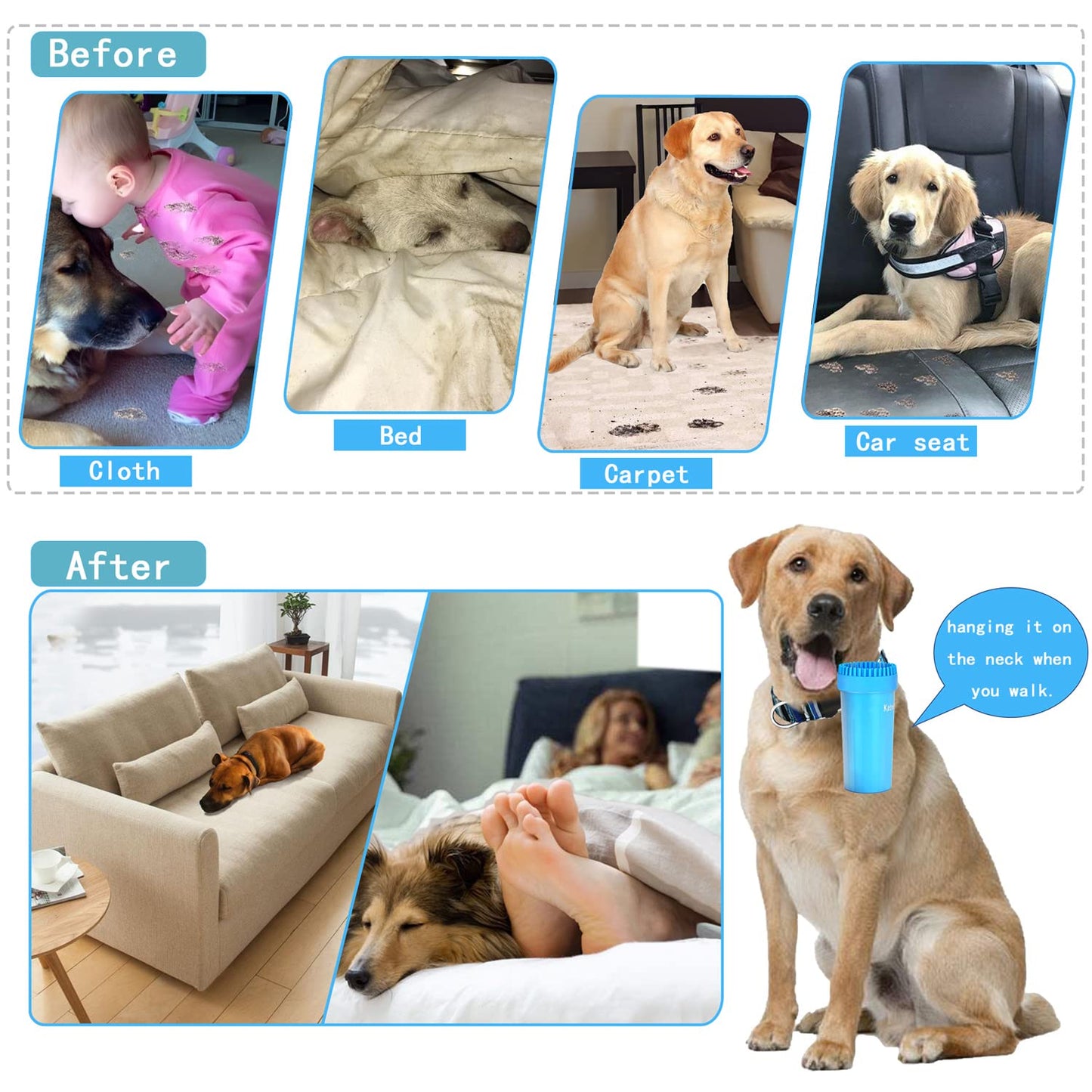 Kabetig Dog Paw Cleaner for Meduim Small Breed Dogs with 3Pcs Absorbent Towels & Graspable Dog Bath Brush (Blue, Medium)