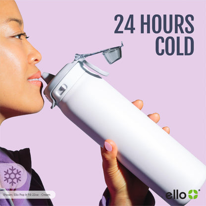 Ello Pop & Fill 22oz Stainless Steel Water Bottle with Quick Fill Technology, Double Walled and Vacuum Insulated Metal, Leak Proof Locking Lid, Sip and Chug, Reusable, BPA Free, Coastal Sunrise