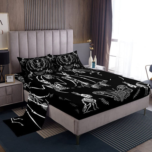 Gothic Skull Bedding Set Death Moth Bed Sheet Set Bat Rabbit Animal Skeleton Halloween Fitted Sheet for Kids Boys Girls Butterfly Weed Floral Bed Cover Black White Bedroom Decor Full Size 4Pcs