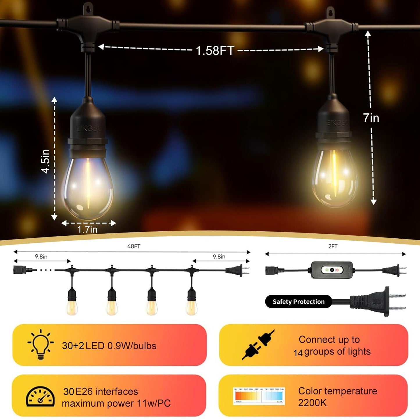 EIKOSON 50FT Outdoor String Lights Waterproof with 30+2 Bulbs(𝟏.𝟓𝐅𝐓 𝐁𝐮𝐥𝐛𝐥𝐬 𝐒𝐩𝐚𝐜𝐢𝐧𝐠), Remote & Dimmer, Commercial Grade Patio Lights with 3 Mode Light & Timing,100PC Ties for Outside