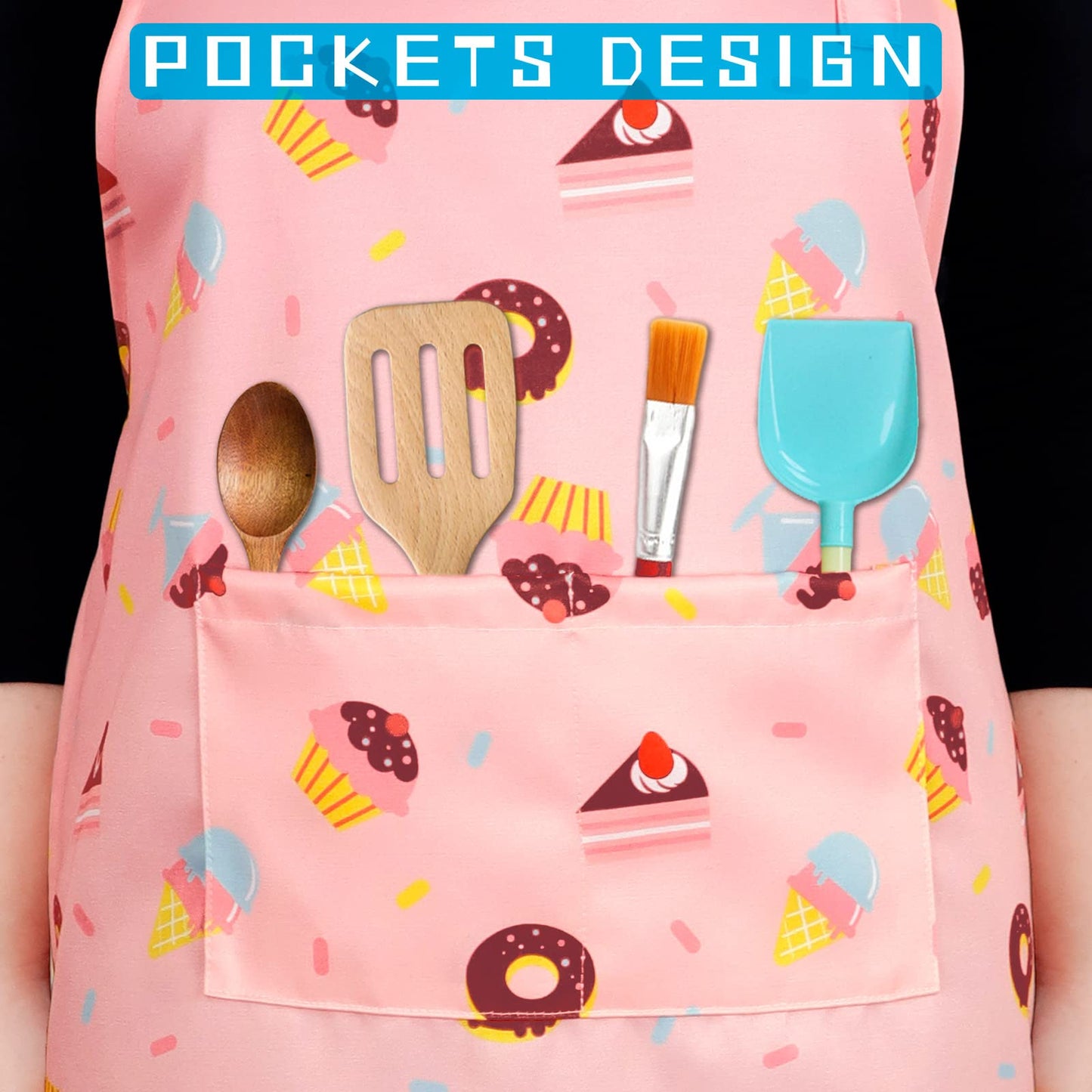 DEABOLAR Kids Aprons for Girls Toddler Donut Aprons with Pockets for Kids Cooking Baking Painting Crafting Art Gardening Adjustable, Machine Washable