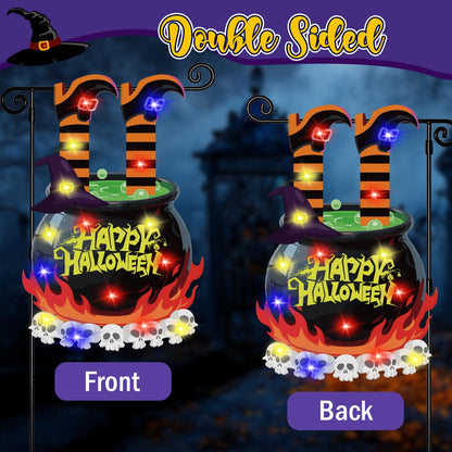 GOAUS Halloween LED Garden Flag Light Up Solar Powered, Witch Cauldron Decorations Outdoor, Double Sided Oxford Decorative Flag for Lawn Yard Outside Decor, 12x18 Inches