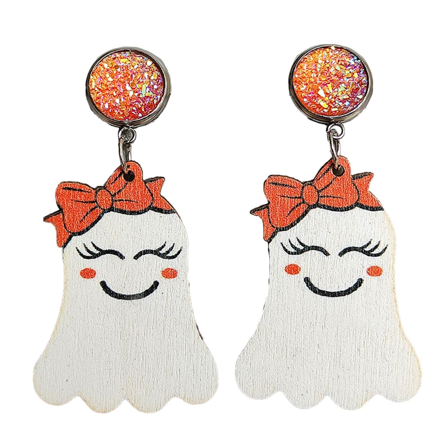 Halloween Cute Ghost Pumpkin Wooden Resin Acrylic Dangle Earrings Cartoon Ghost Print Halloween Wood Acrylic Earrings for Women Jewelry(B)