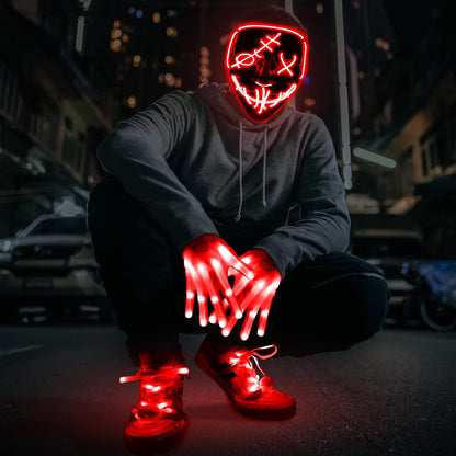 3 Set Halloween LED Mask Light Up Gloves and Glow Shoelaces Scary Mask Halloween Costume Cosplay Party for Adults