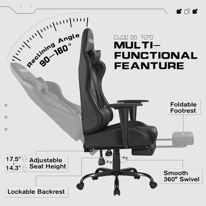 Homall Gaming Chairs, Computer Chair with Footrest and Massage Lumbar Support, Height Adjustable Game Chair with Headrest and Swivel Seat (Black)