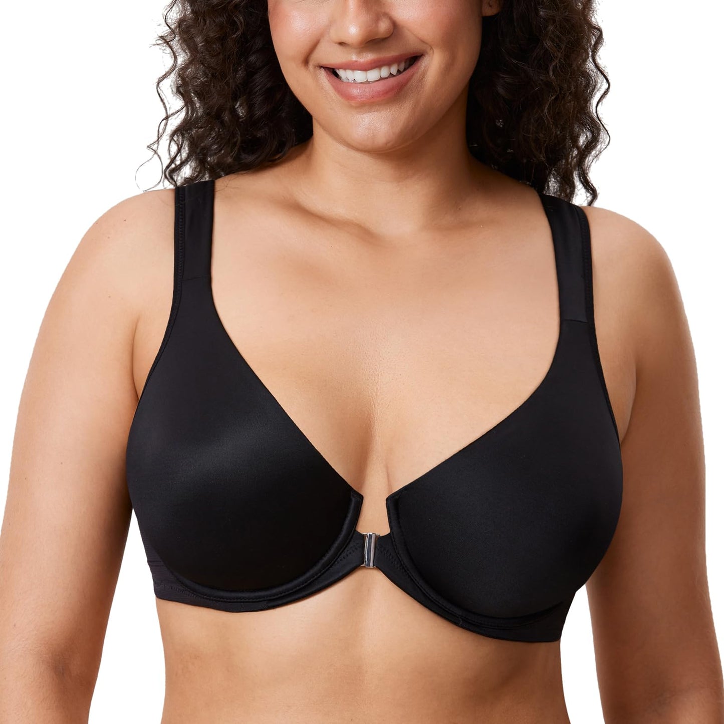 DELIMIRA Women's Front Closure Bras Posture Full Coverage Plus Size Underwire Unlined Back Support Plunge Seamless Bra B-H Cups Black 38DD
