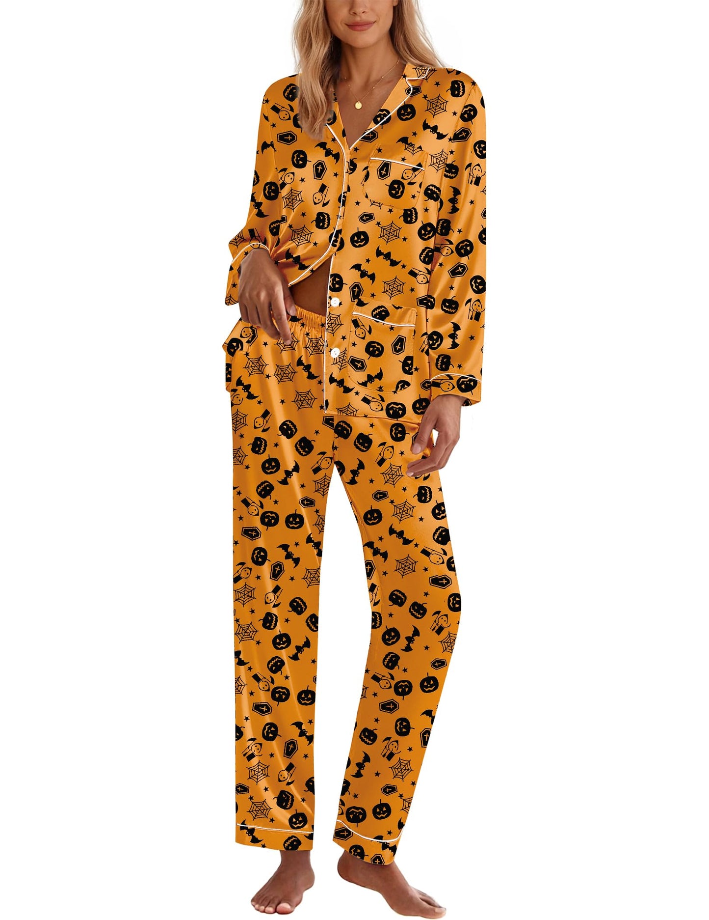 Ekouaer Silk Pajamas for Women Classic Button Down Satin Pajama Sets Long Sleeve Lounge Set