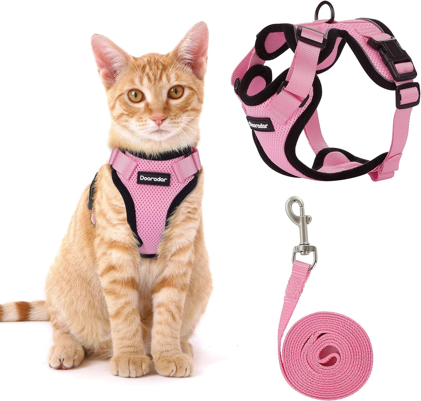 Dooradar Cat Harness and Leash Set, Escape Proof Safe Adjustable Kitten Vest Harnesses for Walking, Easy Control Soft Breathable Mesh Jacket with Reflective Strips for Cats, Pink, M