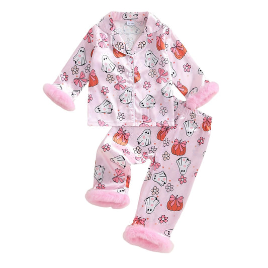 Kuriozud Kids Toddler Girl Halloween Pajamas Fuzzy Trim Long Sleeve Button Down Shirt Top and Pants 2pcs Pjs Sets Sleepwear (Floral Ghost Bow Pink, 4-5 Years)