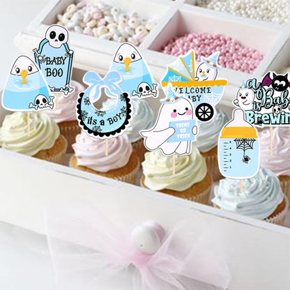 32 PCS Halloween Baby Shower Cupcake Toppers Ghost Bat Welcome Baby Boo Cupcake Picks Baby Carriage Bottle It's a Boy Cake Decorations for Halloween Theme Baby Shower Boys Birthday Party Supplies