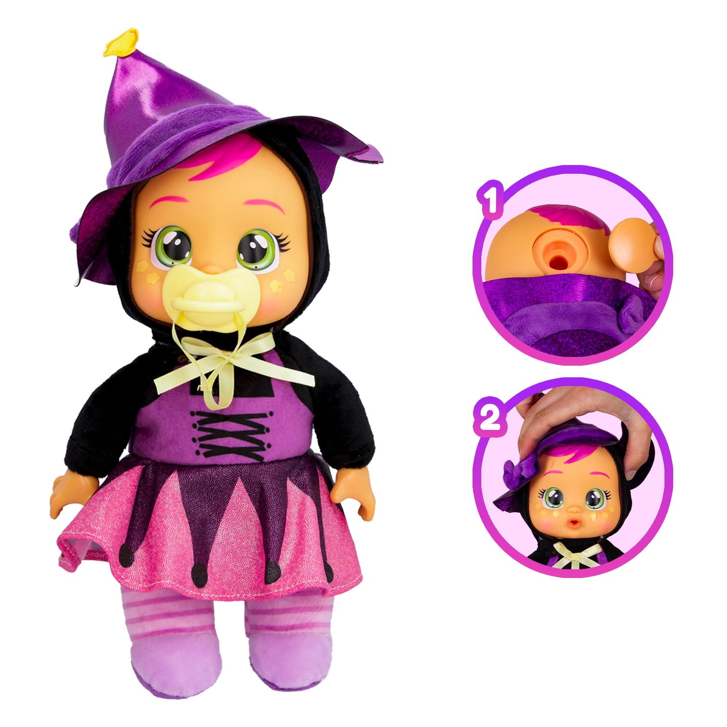 Cry Babies Tiny Cuddles Halloween Agatha - 9" Baby Dolls, Cries Real Tears, Pink and Purple Witch Themed Pajamas