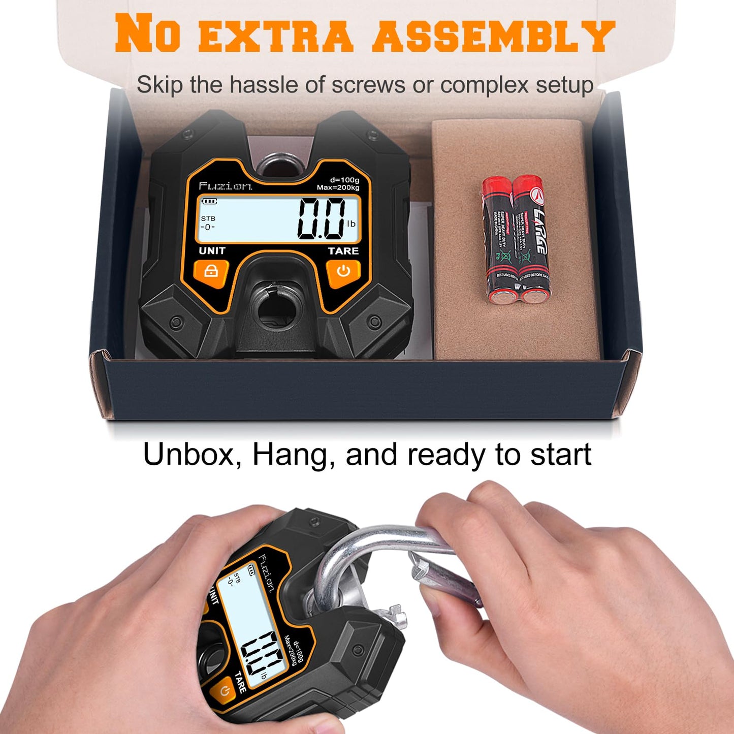 Fuzion Mini Crane Scale - Hanging Scale 440lb/200kg/1960N, Deer Scale with Large LCD Display, Hold & Tare Functions for Hunting, Farms, Fishing, No Setup Required