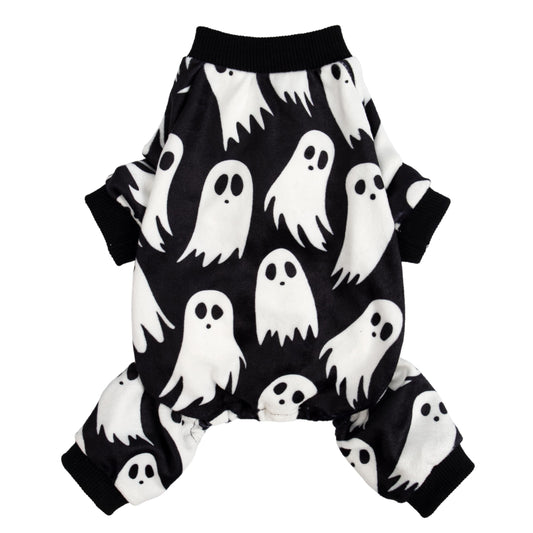 Fitwarm Halloween Ghost Dog Pajamas, Funny Halloween Costumes for Dogs, Fleece Dog Onesie with Feet, Doggy Clothes for Small Dogs Boy Girl, Pet Apparel, Black, White, Medium