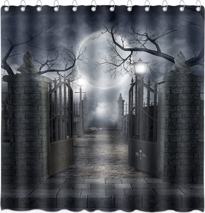 DePhoto Halloween Shower Curtain for Bathroom Scary Night Courtyard Door Spooky Moon Horrifying Dead Tree Street lamp Poliester Water Proof Fabric Decoration with 12Hooks 72x72inch