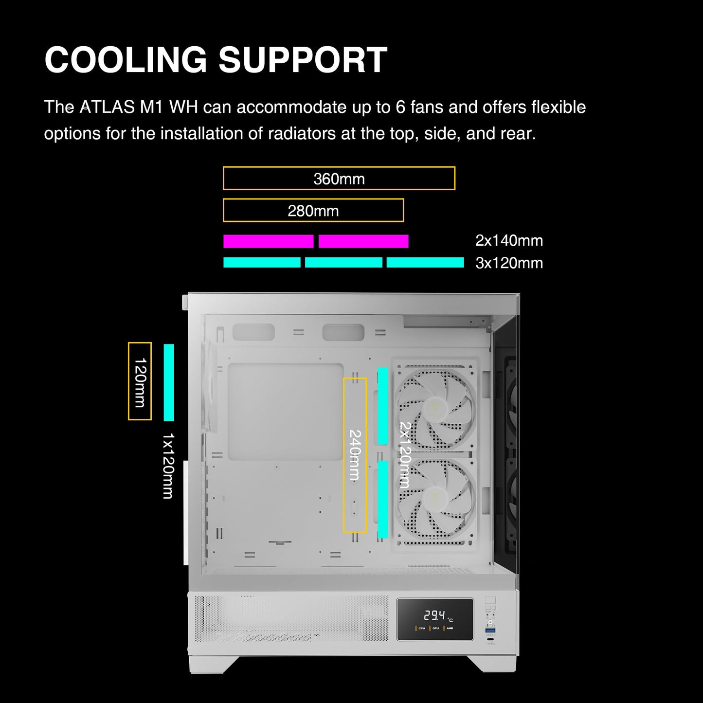 GAMDIAS White Mid Tower Gaming Computer Case w/Display& App, ATX Tempered Glass PC Case, Built-in 3x120mm ARGB PWM Fans, Up to RTX GPU/VGA 410mm & 360mm AIO/Radiator & 6x120mm Fans & 160mm CPU Cooler