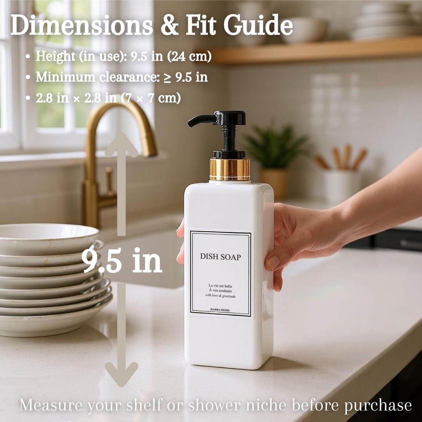 HARRA HOME Modern Gold Design 27 oz Shampoo and Conditioner Dispensers - Plastic Refillable Pump Bottle Set for Bathroom Shower Soap Dispenser, Set of 3 (Black)