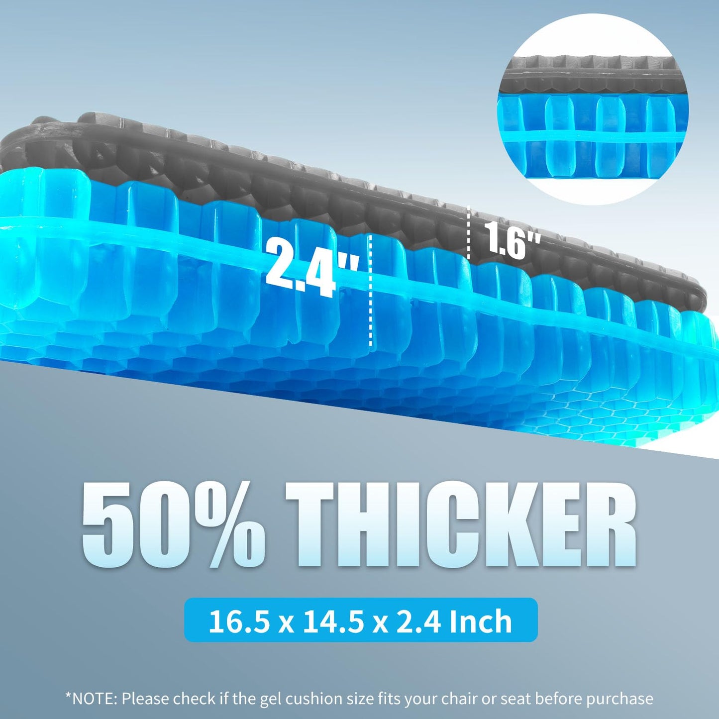 Gel Seat Cushion for Long Sitting - 16.5" x 14.5" x 2.4" (Extra Thick＆Soft) Gel Cushion for People Over 180 lbs, Pressure Relief Cushion for Office Chair, Egg Cushions for Wheelchair, Gel Pad for Car