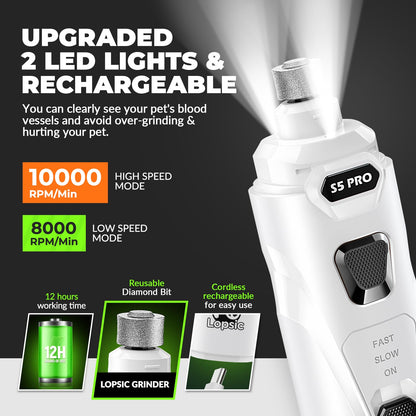 Dog Nail Grinder with 2 LED Lights Powerful 2 Speeds Super Quiet Dog Nail Trimmers with 3 Grinding Wheels Rechargeable Pet Dog Nail Clippers for Large Medium Puppy Dogs Dog Nail File Cat Nail Clipper