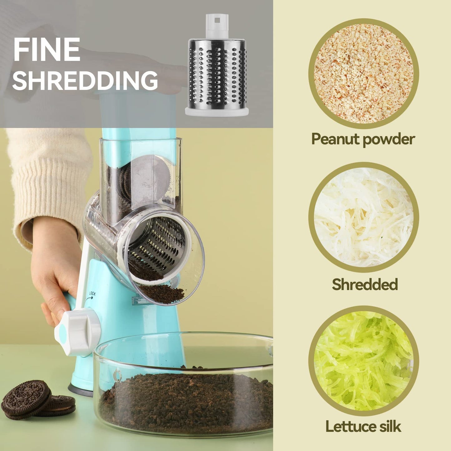 EDEFISY Cheese Grater Hand Crank - 3-in-1 Stainless Steel Rotary Grater & Shredder for Cheese, Vegetables, Nuts, Chocolate - Easy Crank Manual Food Grinder with Drum Slicer (Blue)