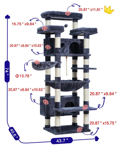 Gitelsnour Cat Tree for Indoor Cats Large Adult, 74" Cat Tower with 3 Big Platforms, 2 Baskets, 2 Condos, Multi-Level Cat Scratching Posts, Smoky Gray GCT030G