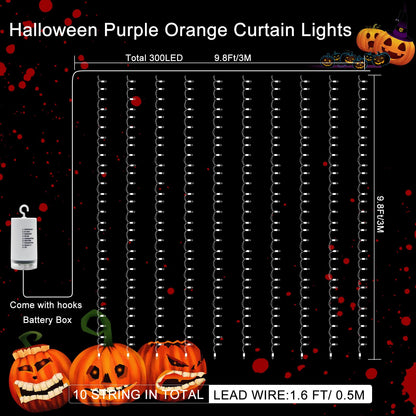 echosari Halloween Curtain Lights Battery Operated, 300 LED Purple Orange Fairy Curtain Lights 9.8Ft x 9.8Ft Hanging Lights with Remote Timer for Party Garden Yard Decor