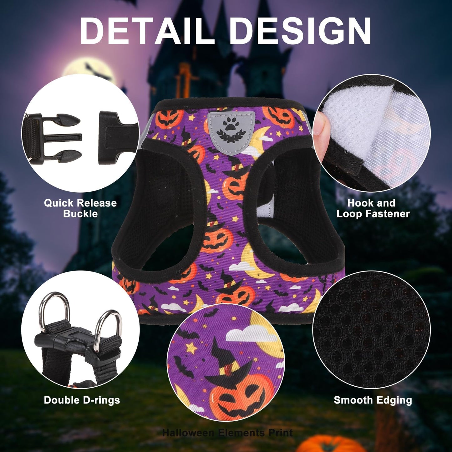 EXPAWLORER Halloween Puppy Harness - Dog Collar and Leash - Soft Mesh Padded Adjustable Step in Small Dog Vest Harness No Pull, Reflective Escape Proof for Outdoor Walking, Purple M