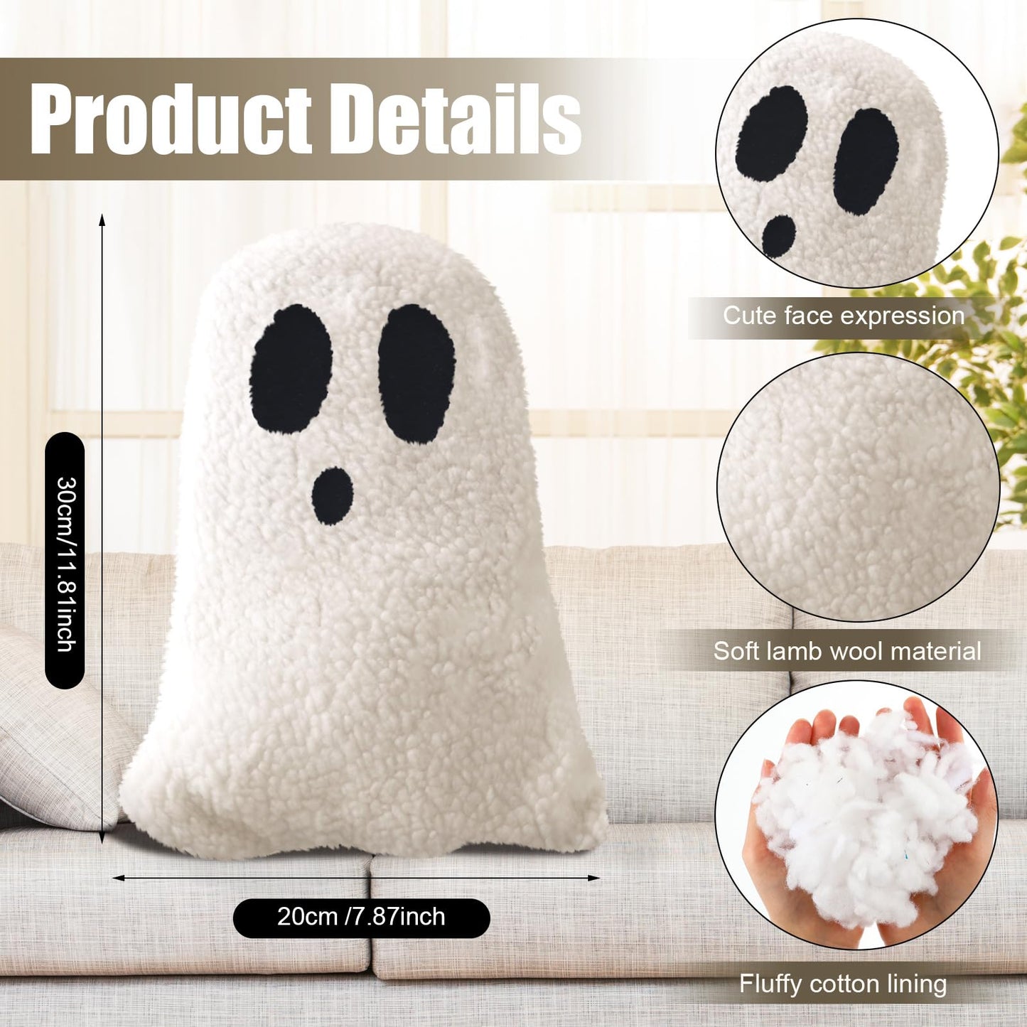 Kigley 2 Pcs Ghost Shaped Pillows Halloween Throw Pillows for Sofa Bed Couch Ghost Decor Stuffed for Halloween Party Outdoor Home Decorations Cushion (11.81 x 7.87 Inch)
