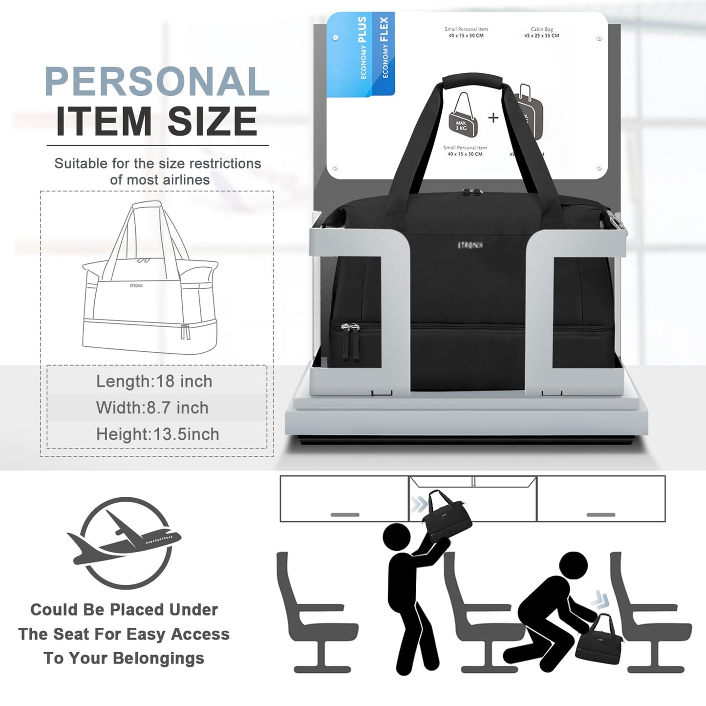 ETRONIK Gym Bag for Women, Personal Item Travel Bag with Shoes Compartment, Weekender Overnight Duffel Bag with Wet Pocket & USB Charging Port, Carry On Bag for Women, Travel, Gym, Weekend (Black)