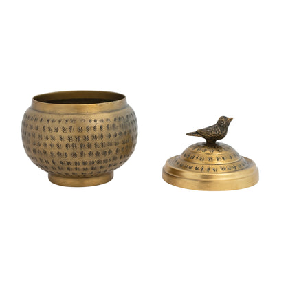 Creative Co-Op Round Hammered Metal Container with Bird Finial, Brass Finish
