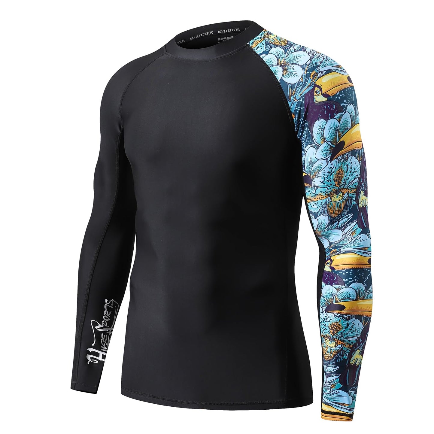 HUGE SPORTS Men's Splice UV Sun Protection UPF 50+ Skins Rash Guard Long Sleeves(HeyToucan, M)