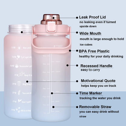 Large Motivational Water Bottle with Straw Time Marker BPA Free for Sport and Fitness (Pink Blue, 64 Oz / Half Gallon)