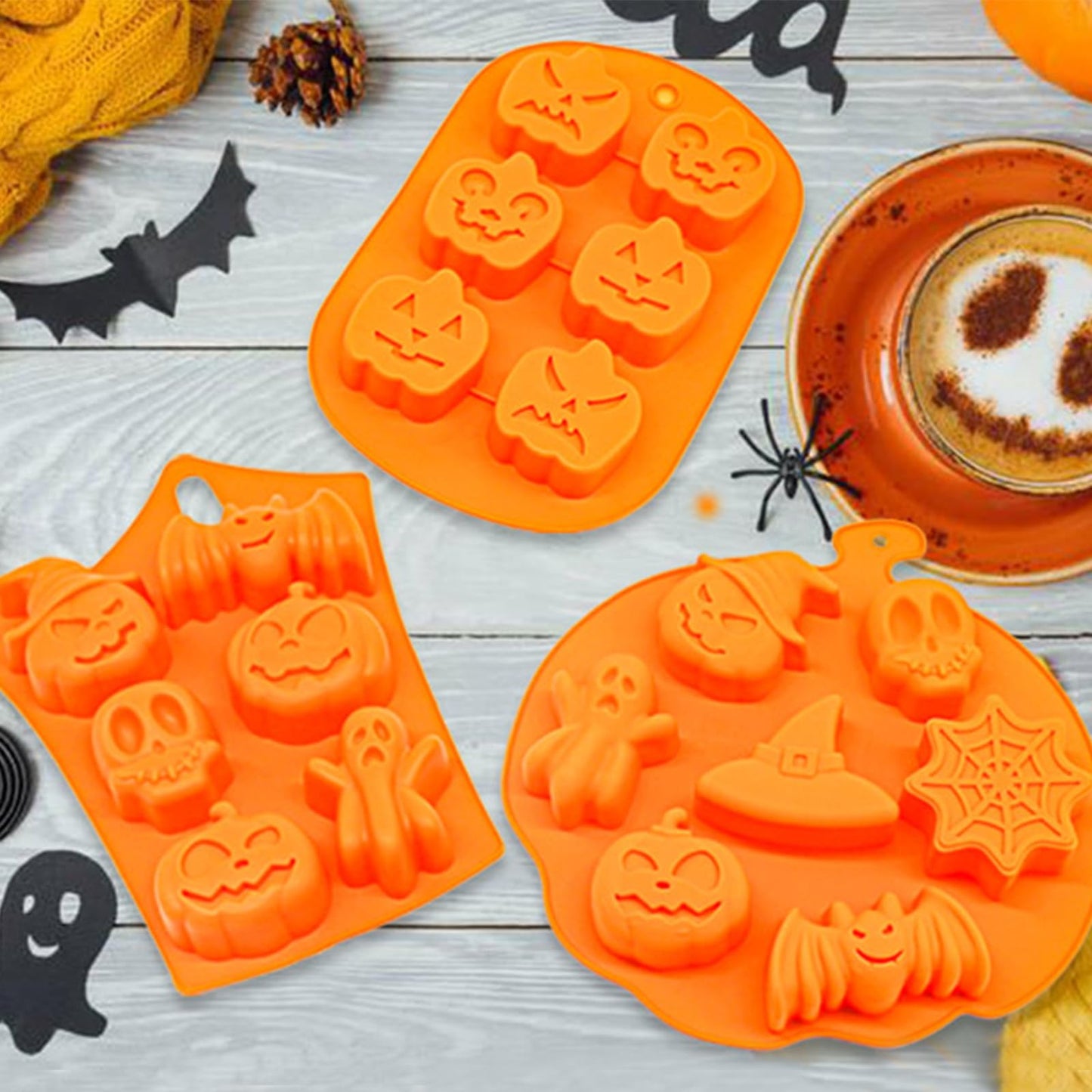 3 PCS Silicone Halloween Ghost Pumpkin Baking Mold Set Non-Stick Chocolate Jelly Fondant Cake Baking mold for Party Gift Handmade Soap Molds with Shape of Skull Bat Ghost
