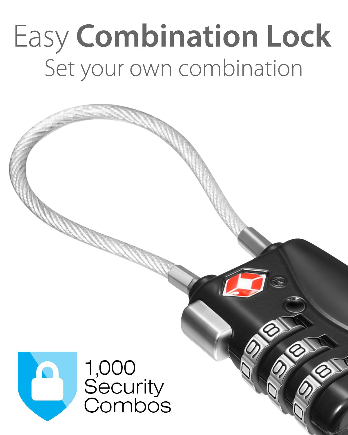 Fosmon TSA Approved Cable Locks for Luggage, Suitcase, Gun Case Locks with Push Release Button, 3 Digit Long Shackle Combination Wire Locks for Backpack Zipper Anti Theft, Gym Locker -3 Pack, Black