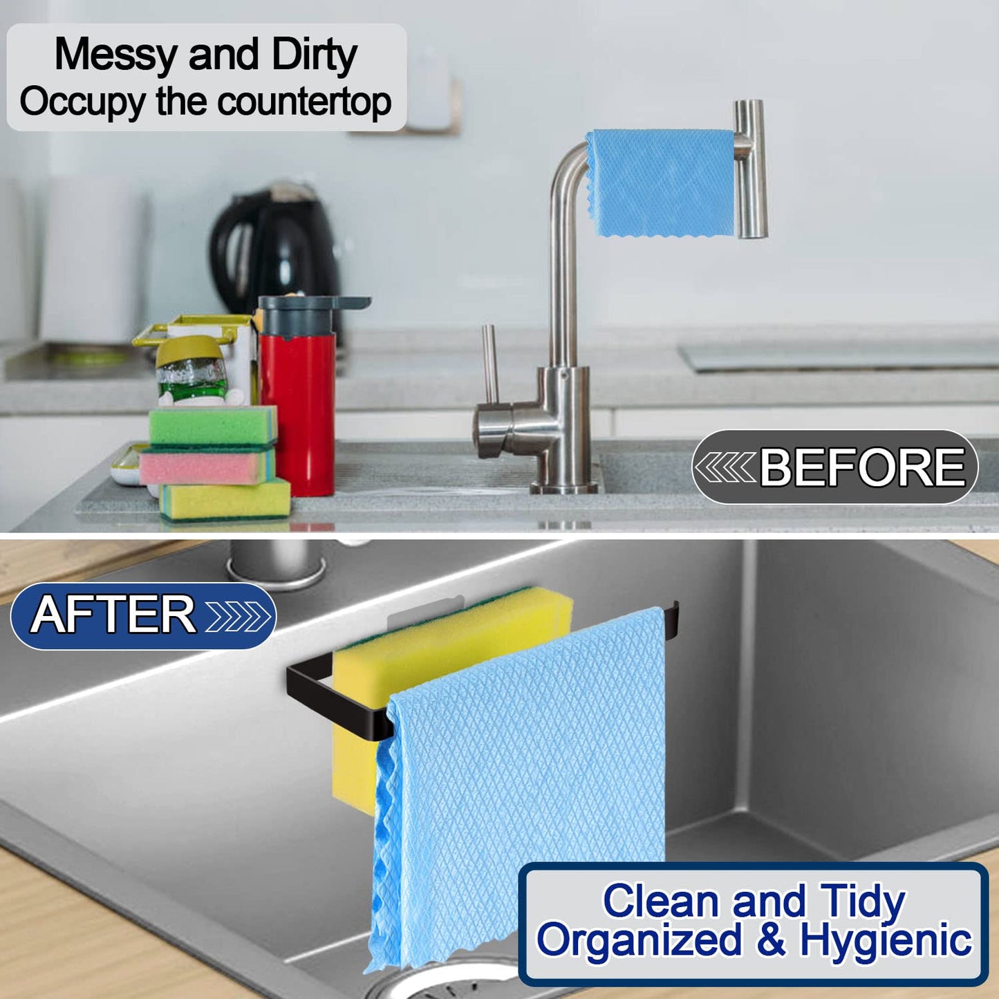 GAViA Sponge Holder Kitchen Dish Sponge Holder Self-Adhesive Kitchen Organiser Dish Cloth Holder 304 Stainless Steel Kitchen Drain Rack Sink Caddy Storage Organiser Black