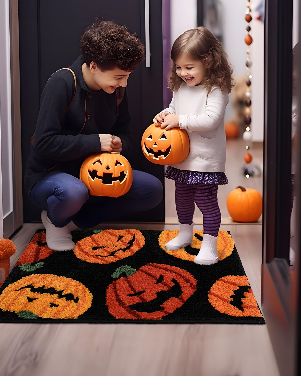 DEXDE Fall Halloween Bathroom Rugs Fun Pumpkins Bath Mat for Autumn Harvest Thanksgiving Home Decor, Soft Non-Slip Carpet for Hallway Bedroom Bathroom Kitchen Entryway, Orange Yellow 20x32