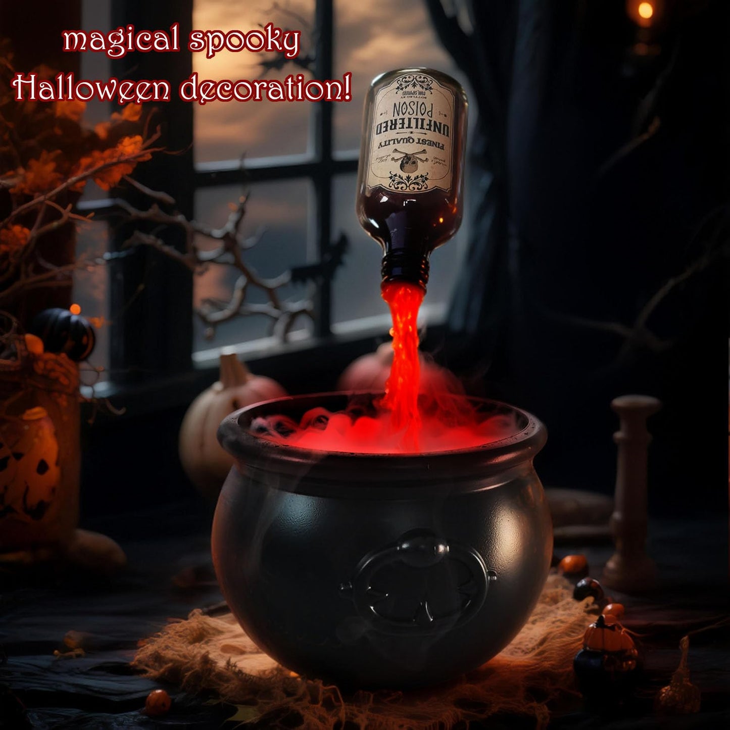 Halloween Decoration Set, Ultrasonic Mist Maker Fogger with Black Witch Cauldron DIY Magic Floating Bottles Halloween Skeleton Splash Guard, Spooky Hocus Pocus Party Decor for Home Garden Kitchen Yard