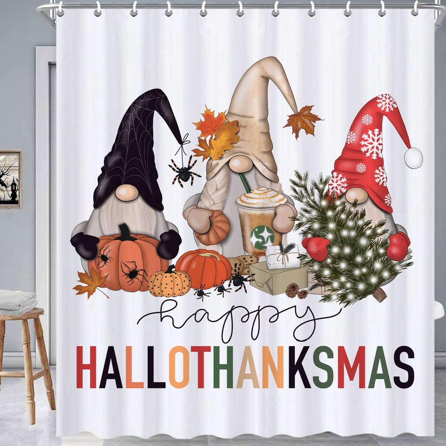 Halloween Hallothanksmas Gnome Shower Curtains for Bathroom, Waterproof Fall Autumn Thanksgiving Christmas Shower Curtain Set with 12 Hooks, 72x72