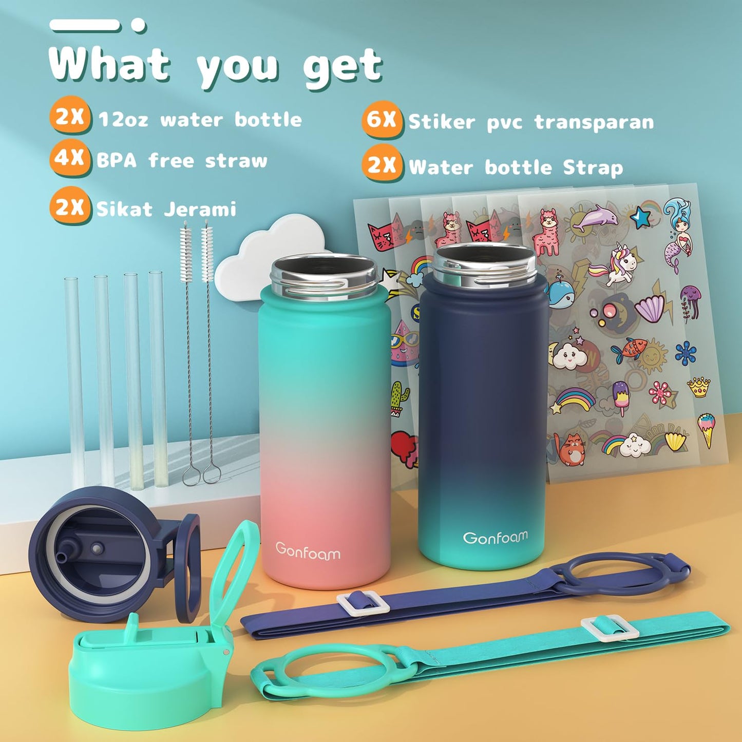 Kids Water Bottle, 2-Pack 16oz Water Bottles with Stickers and Straw, Stainless Steel Vacuum Insulated cup, Kids Water Bottle for School, Gifts for Boys and Girls(Blue/Green)
