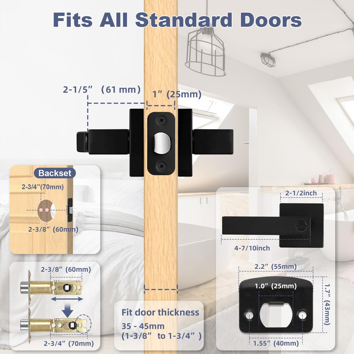 Estmoon 5 Pack Matte Black Door Handles Interior Door Knobs, Home Improvement Keyless Privacy Door Lock, Heavy Duty Zinc Alloy 2.07 lb Door Leverset for Bedrooms Bathrooms