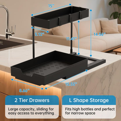 2-Tier Under Sink Organizers 2 Pack Sliding L-shape Cabinet Organizers Narrow Space Storage Shelves Multi-purpose Sink Organizer Baskets with 4 Hook for Kitchen Bathroom Drawer, Black