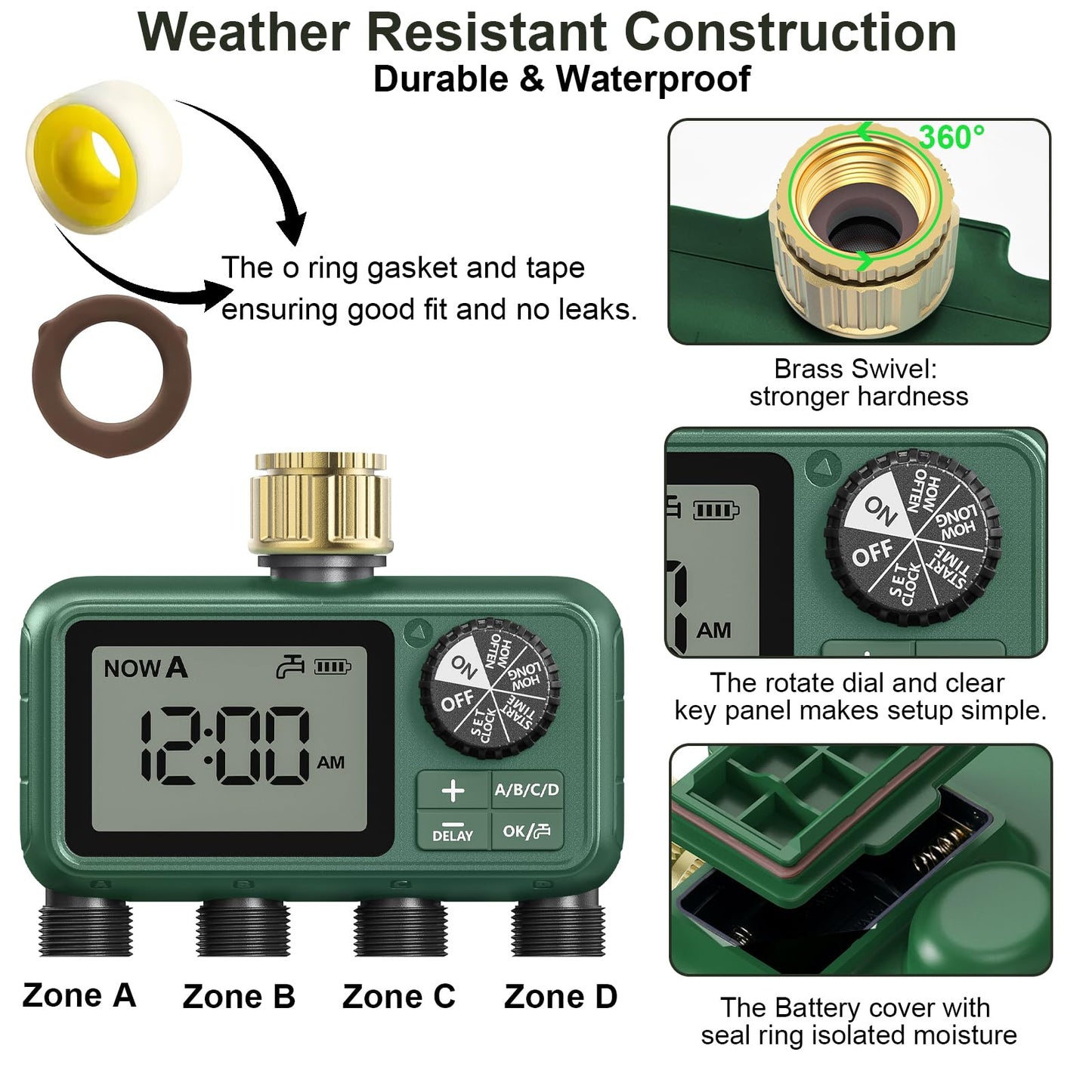 4 Outlet Sprinkler Timer Brass, Programmable Garden Hose Timer with Rain Delay, Manual& Automatic Watering System, Waterproof Gardening Supplies Irrigation Controller for 4 Separate Water Zones