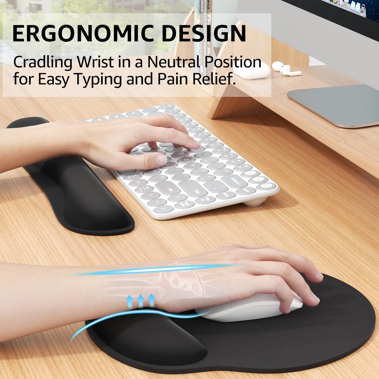 KTRIO Ergonomic Keyboard Wrist Rest, Memory Foam Wrist Rest for Computer Keyboard, Mouse Pad Set for Easy Typing & Pain Relief for Office & Home, Black