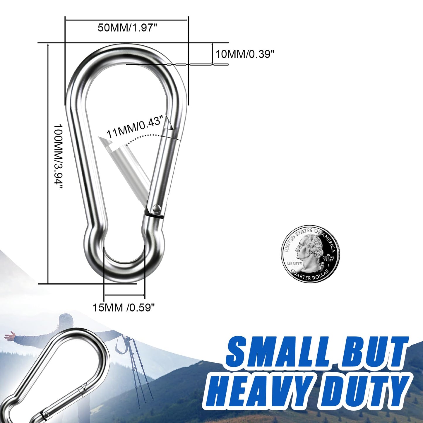 Large Carabiner Clip Hooks, 2pcs 4 inch Carabiners Heavy Duty, 304 Stainless Steel Spring Snap Hook Fits Camping Hanging Hiking Weight Lifting, Metal Clips for Rope or Chain