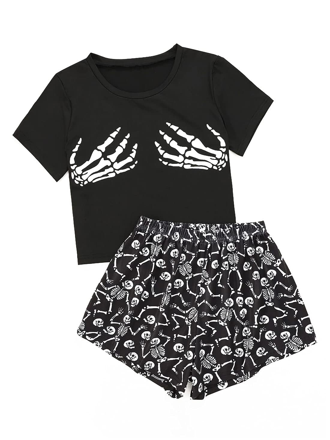 Laqeyko Halloween Pjs Women Skeleton Pajamas Sets Short Sleeve Crop Tee Shirt Top And Shorts Two Pieces Sleepwear Sets Large
