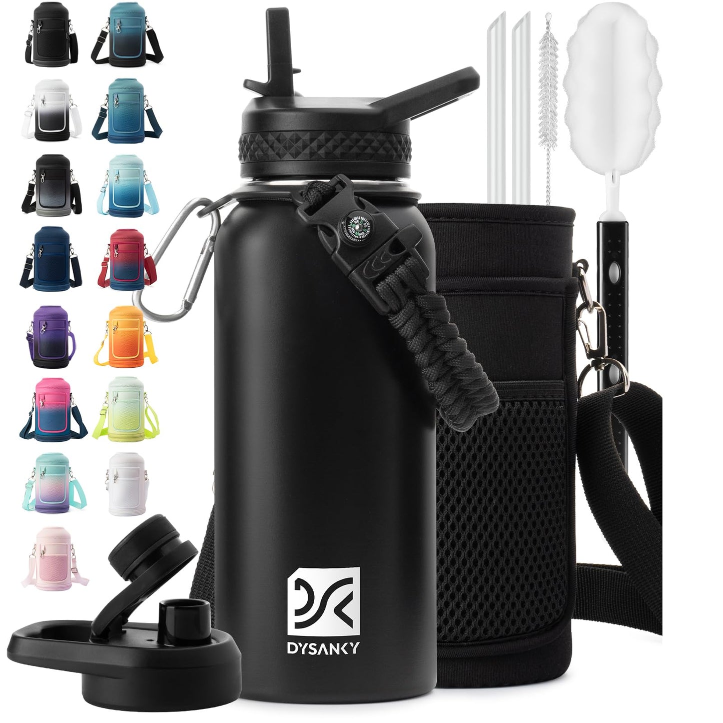 DYSANKY 32 oz Insulated Water Bottle | Thickened Stainless Steel Vacuum Metal | Portable Sports Water Jug for Gym and Hiking with Straw, Carrier Bag, Handle Strap | BPA-Free 32 oz, Black