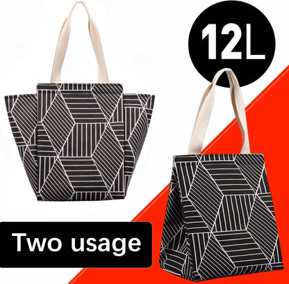 iknoe Insulated Lunch Bag for Women & Adults, 9L Foldable Wide-Open Cooler Bag with Pockets, Leakproof & Portable, for Picnic, Office, Beach, Black Rhombus