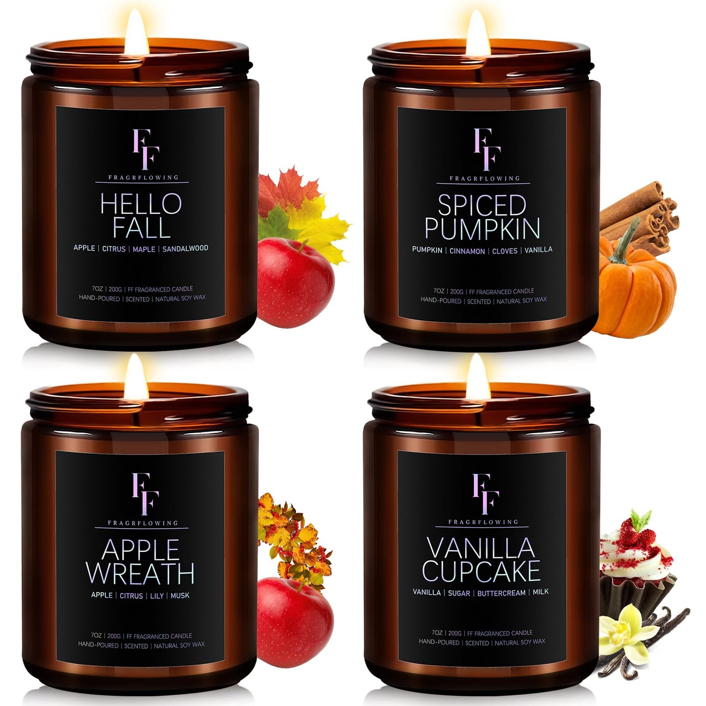 Fall Candles Set, 4 Pack Candles for Home Scented Natural Soy Wax, Autumn Gifts Set for Women Men, Fall Fragrance of Spice/Vanilla Cupcake/Apple Wreath/Hello Fall