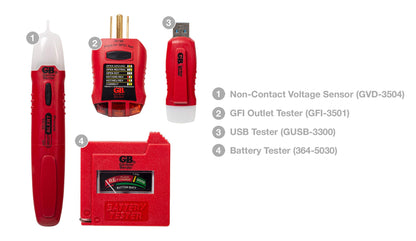 Gardner Bender Household Electrical Tester Kit; Battery, GFCI, Non-Contact Voltage, and USB Testers