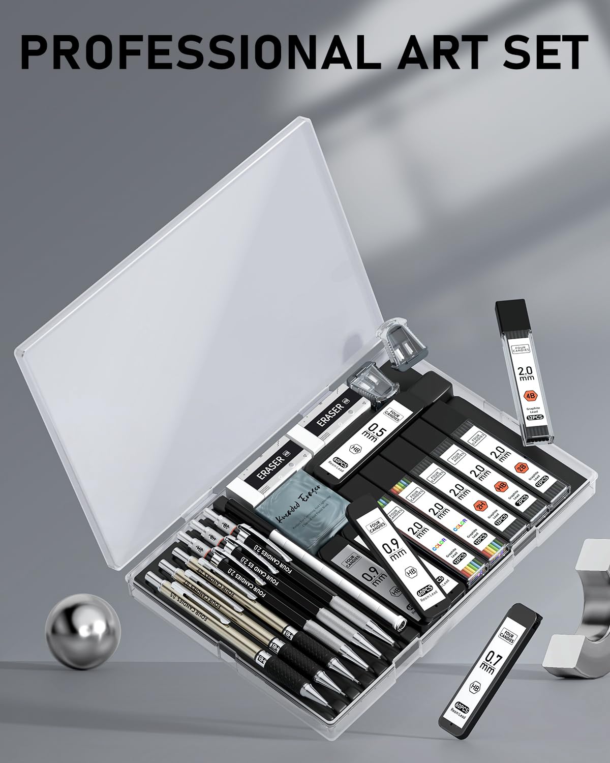 Four Candies 25PCS Art Mechanical Pencil Set with Case, 3PCS Metal Artist Lead Pencil 0.5, 0.7, 0.9 mm & 3PCS 2mm Holder (HB 2H 2B 4B Color) with 432PCS Graphite Lead Refills for Drawing Sketching